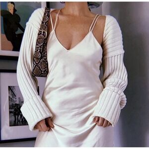 SIMONETT Cream Ribbed Knit Sleeve Sweater Shrug Bolero One Size